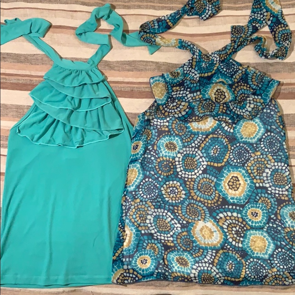 2 ruffled neck tie blouses